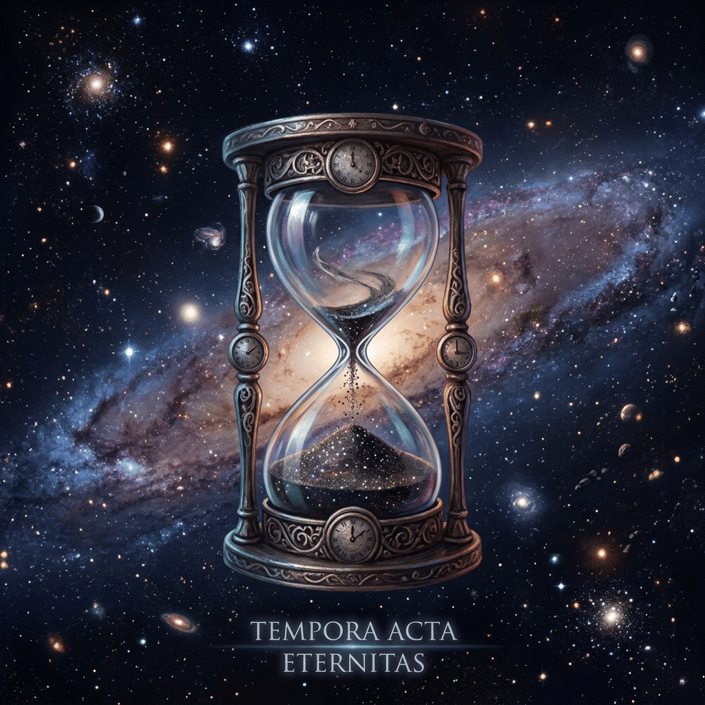 Ornate hourglass before a galaxy with text “TEMPORA ACTA AETERNITAS”