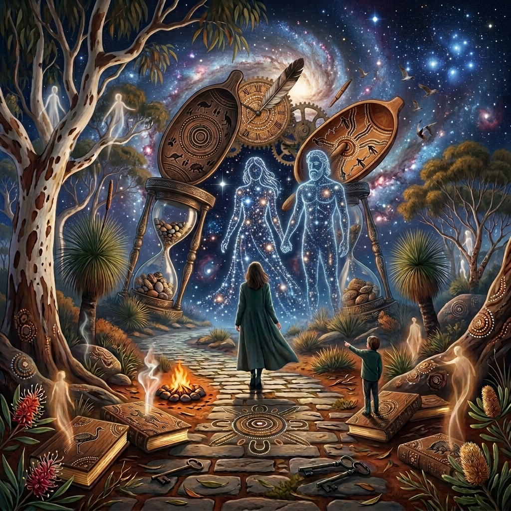 Woman walking toward giant hourglasses and clockwork beneath a starry forest sky