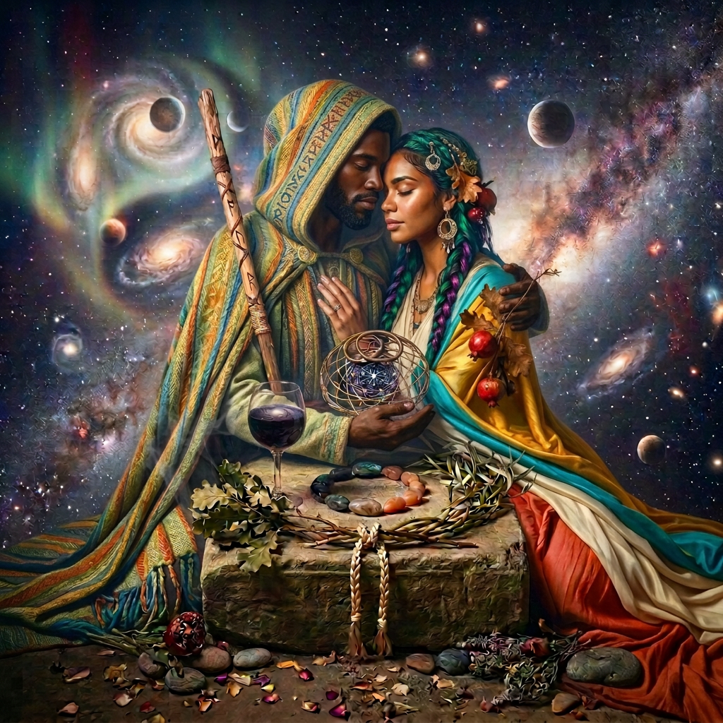 Young beautiful divine couple beneath stars